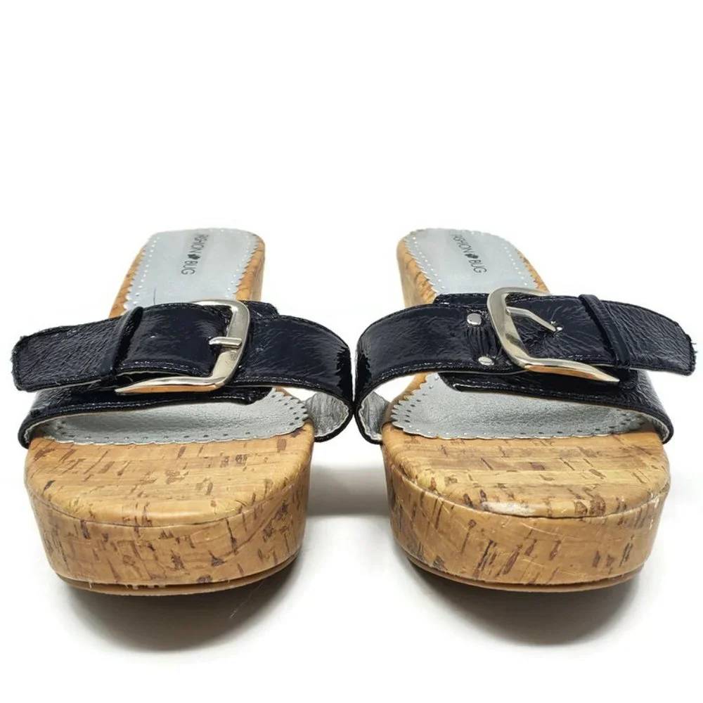 Fashion Bug Size 10 Black Faux Patent Leather Buckle‎ Cork Wedge Heels Sandals